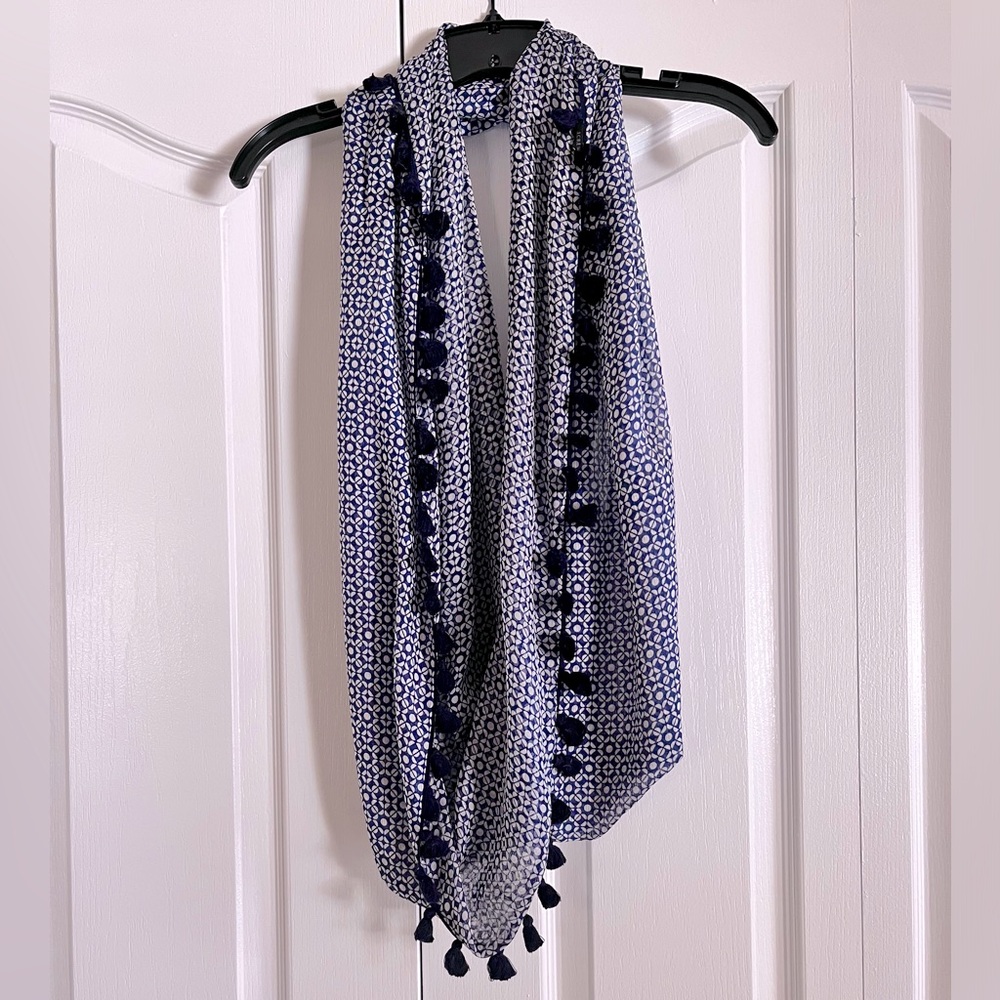 J Crew Blue and White Patterned Infinity Scarf with tassels